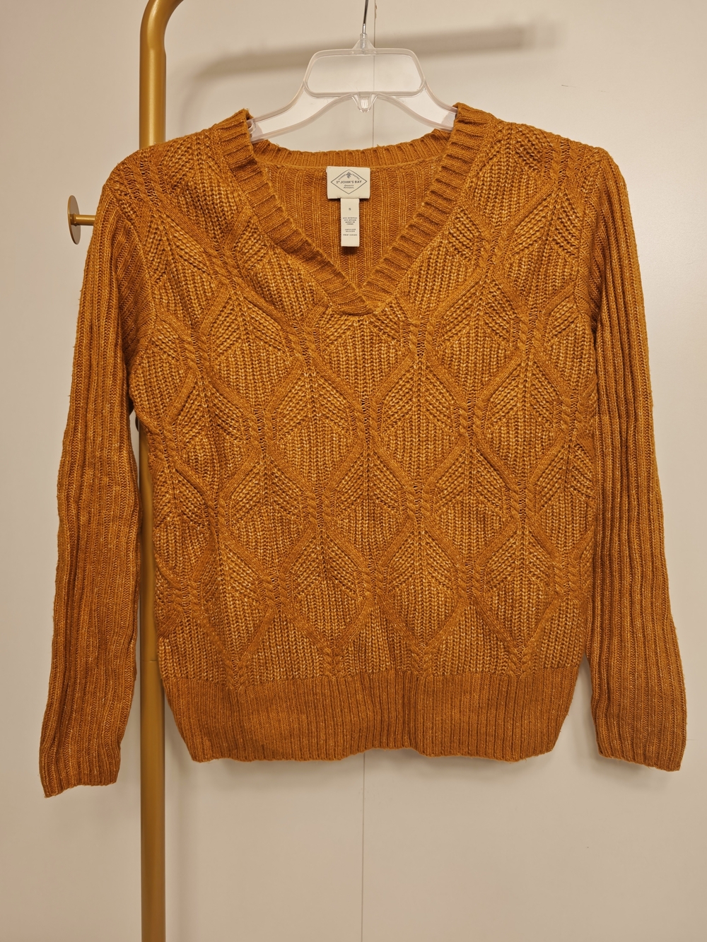 Preppy Cable Knit Sweater St. Johns Bay Womens V-Neck Size Small Mustard Orange